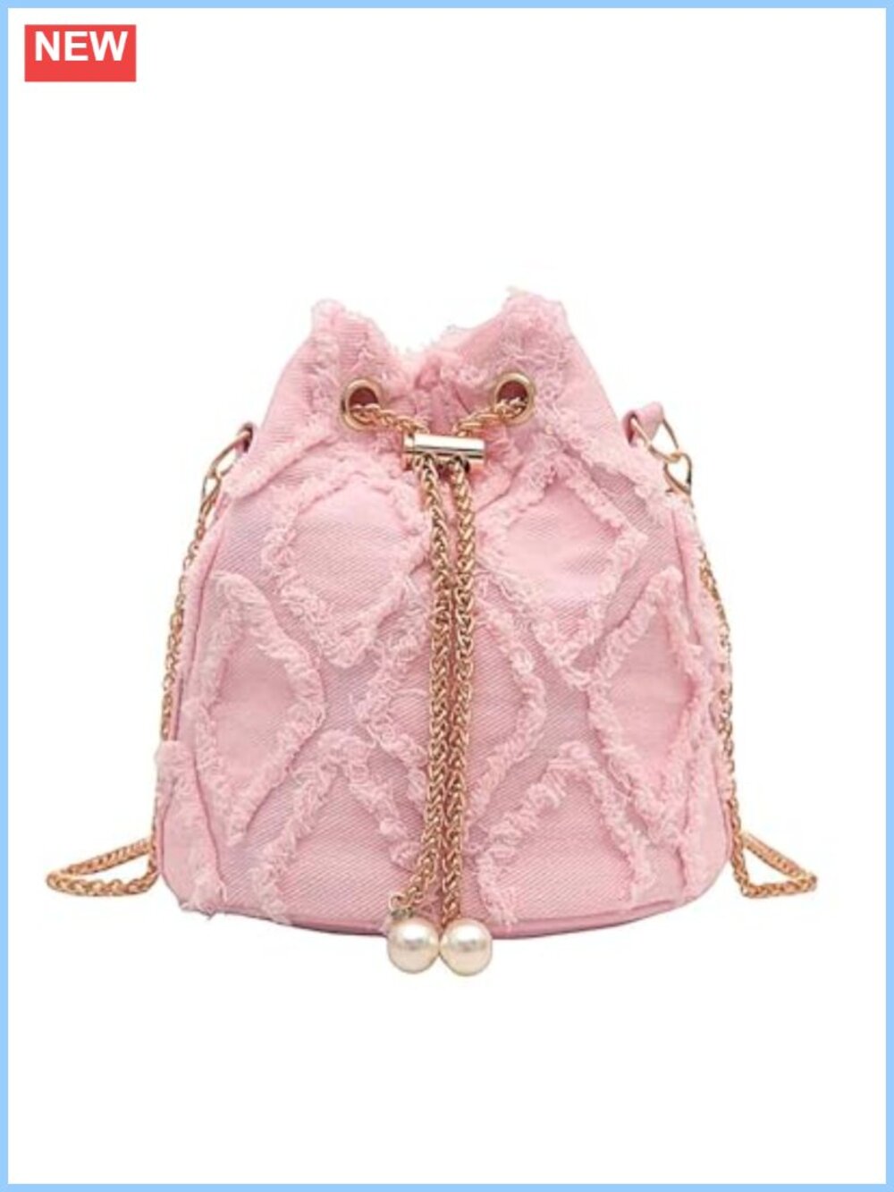 Denim Quilted Drawstring Crossbody Bucket Bag